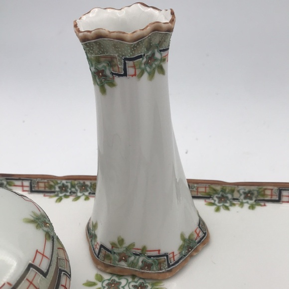Antique Nippon 4-Pc Dresser/Vanity Set Tray, Vase/Hat Pin, Hair Receiver, Powder - Picture 4 of 11